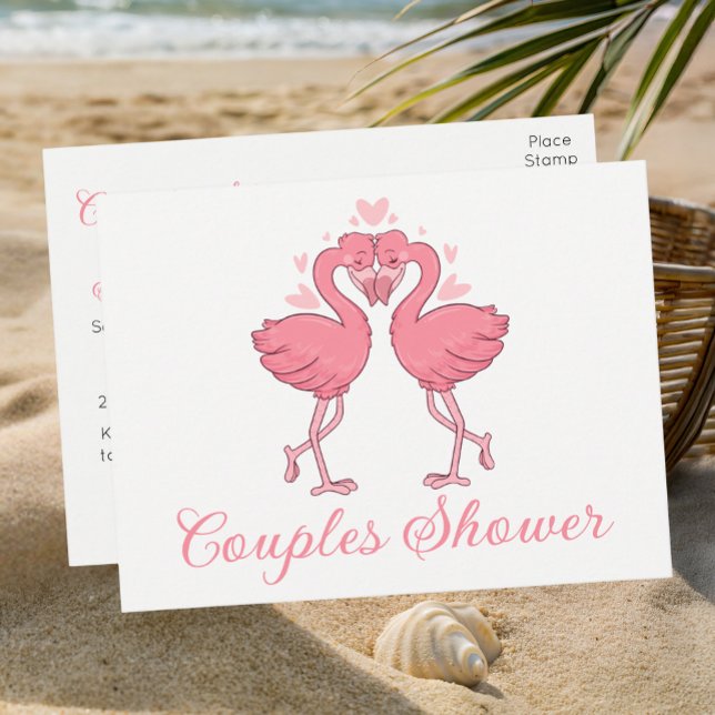 Pink Flamingo Tropical Beach Couples Bridal Shower Invitation Postcard (Creator Uploaded)
