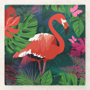 Pink Flamingo: Tropical Butterfly Harmony. Glass Coaster
