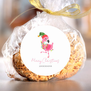 Pink Flamingo Tropical Christmas  Classic Round Sticker