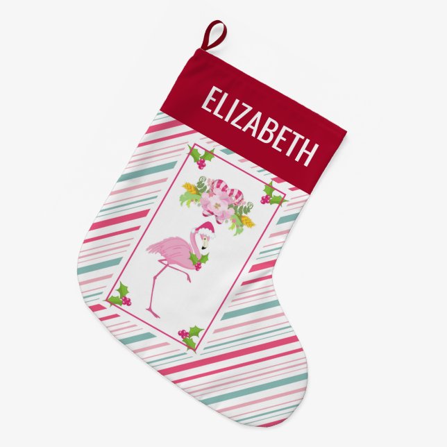 Pink Flamingo Tropical Christmas Large Christmas Stocking (Front (Hanging))