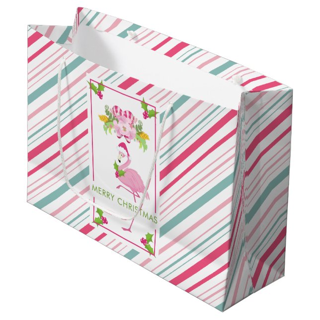 Pink Flamingo Tropical Christmas Large Gift Bag (Front Angled)