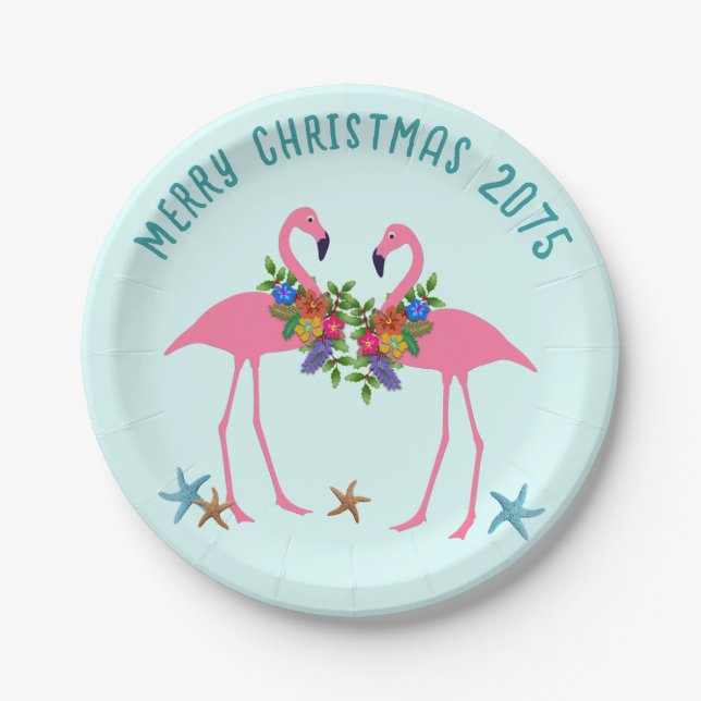 Pink Flamingo Tropical Christmas Message Paper Plate (Front)