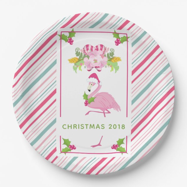 Pink Flamingo Tropical Christmas Paper Plate (Front)