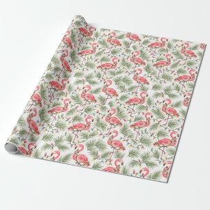 Pink Flamingo Tropical Christmas Watercolor Palms Wrapping Paper