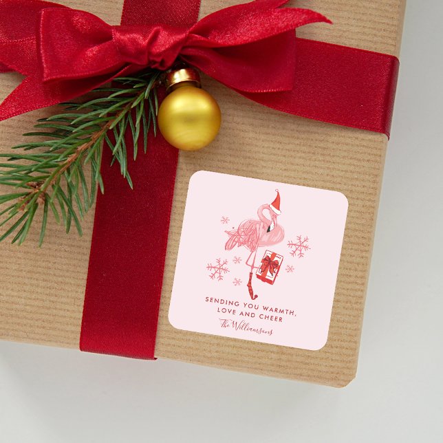 Pink Flamingo Tropical Christmas Watercolor Square Sticker (Pink Flamingo Tropical Christmas Watercolor Square Sticker)