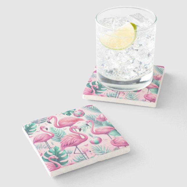 Pink Flamingo Tropical Design Stone Coaster (Side)