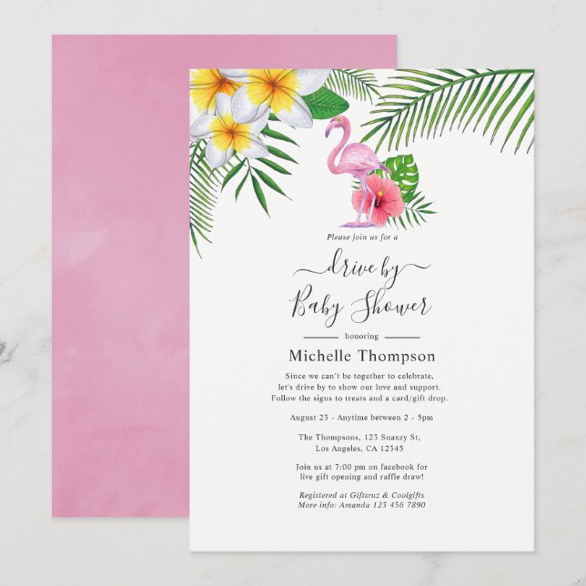 Pink Flamingo Tropical Drive By Shower Invitation (Front/Back)
