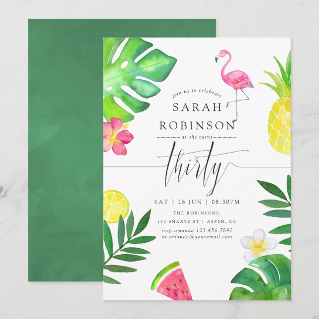 Pink Flamingo Tropical Exotic 30th Birthday Party Invitation (Front/Back)
