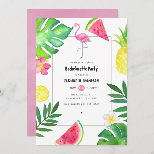 Pink Flamingo Tropical Exotic Bachelorette Party Invitation (Front/Back)