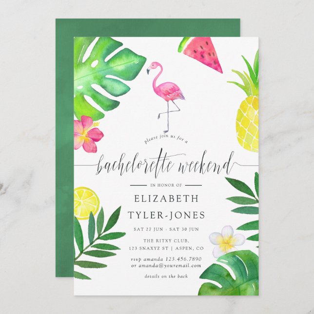Pink Flamingo Tropical Exotic Bachelorette Weekend Invitation (Front/Back)