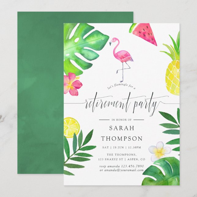 Pink Flamingo Tropical Exotic Retirement Party Invitation (Front/Back)