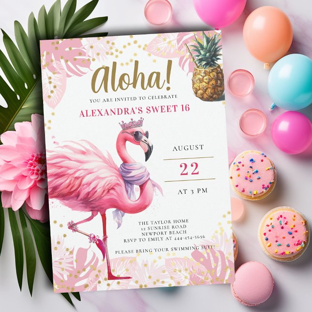 Pink Flamingo Tropical Floral Aloha Party Sweet 16 Invitation (pink flamingo sweet sixteen birthday party invitation pool beach summer pineapple cocktails cute fun)