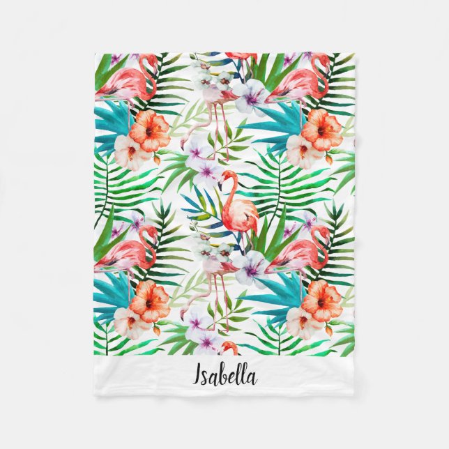 Pink Flamingo Tropical Floral Personalized Fleece Blanket (Front)