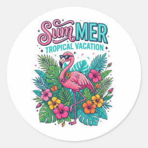 Pink Flamingo Tropical Floral - summer vacation Classic Round Sticker