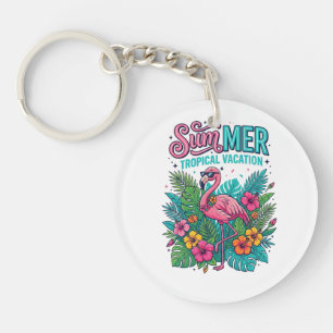 Pink Flamingo Tropical Floral - summer vacation  Keychain