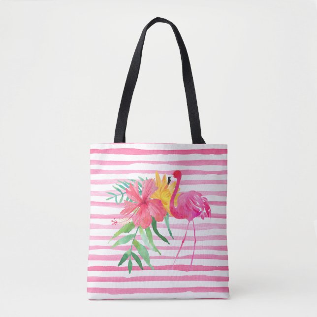 Pink Flamingo Tropical Flowers Beach Bag (Front)