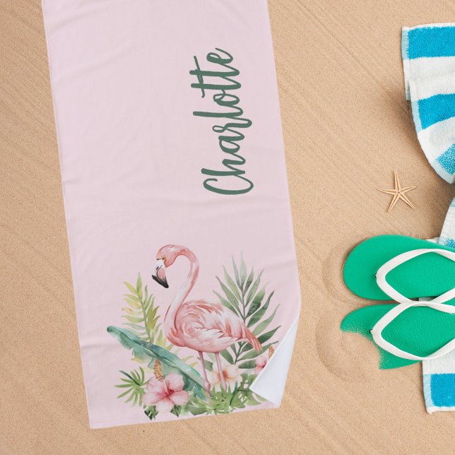 Pink flamingo tropical flowers beach towel (Creator Uploaded)