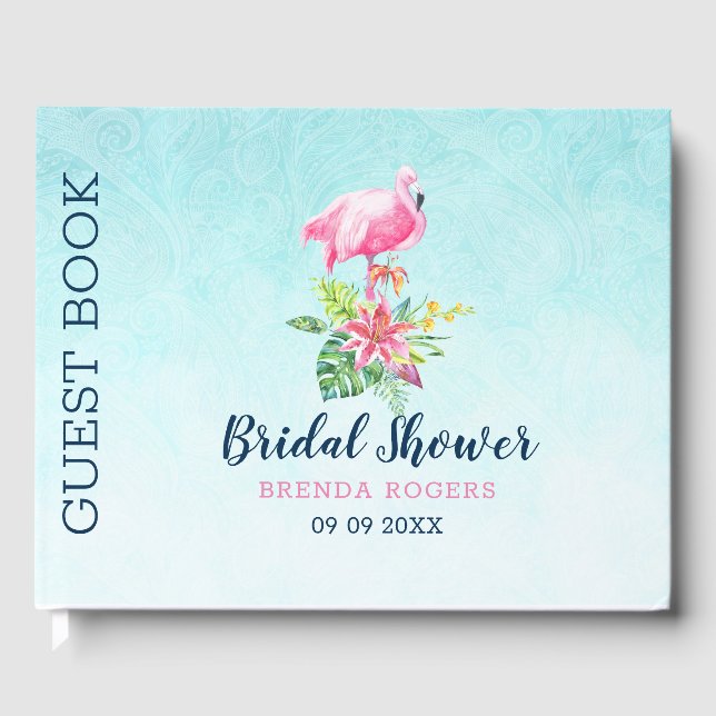 Pink flamingo tropical flowers bouquet guest book (Front)