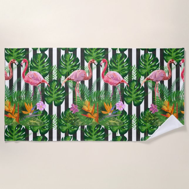 Pink Flamingo Tropical Flowers Dark Grunge Stripe  Beach Towel (Front)
