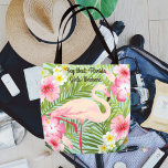 Pink Flamingo Tropical Flowers Girls Weekend Tote Bag<br><div class="desc">Tropical style tote bag design features a pink flamingo framed with a Hawaiian island style pattern of vibrant pink, yellow, and white hibiscus flowers and a green palm leaf background. Personalize the custom script text for your girls' weekend, name, or other preferred wording. Tote bag features the same design front...</div>
