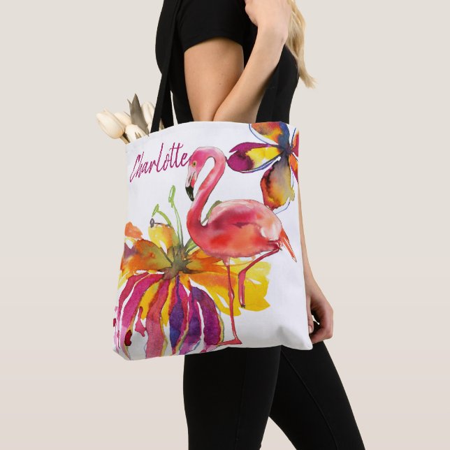 Pink Flamingo Tropical Flowers Personalized  Tote Bag (Close Up)