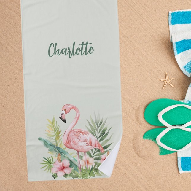Pink flamingo tropical flowers sage green beach towel (Creator Uploaded)