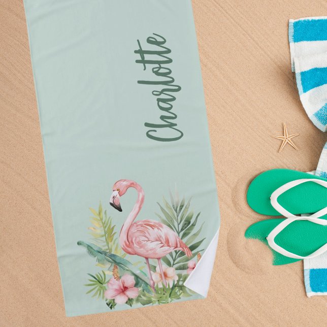 Pink flamingo tropical flowers sage green beach towel (Creator Uploaded)
