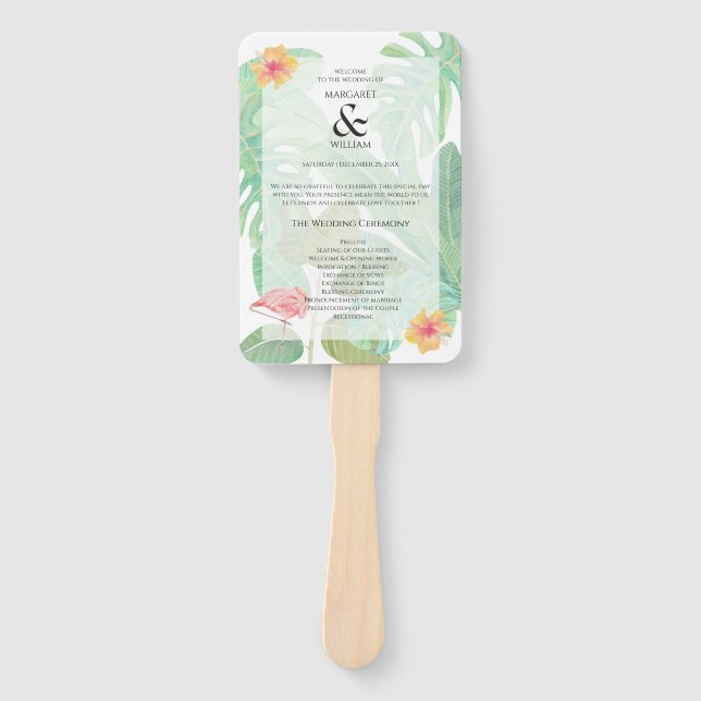 Pink Flamingo,Tropical foliage wedding Program Hand Fan (Front)