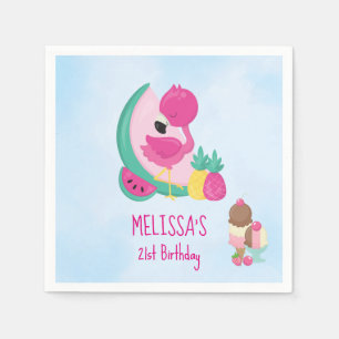 Pink Flamingo Tropical Fruit & Ice Cream Birthday Napkin