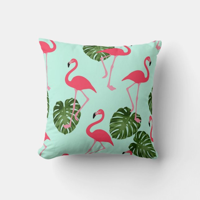 Pink Flamingo Tropical Green Leaf Reversible Throw Pillow (Front)