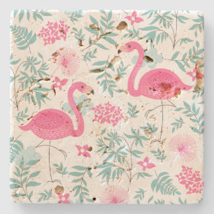 Pink flamingo tropical greenery stone coaster