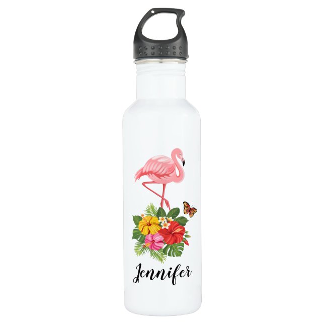 Pink Flamingo & Tropical Hibiscus Fancy 710 Ml Water Bottle (Front)