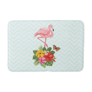 Pink Flamingo & Tropical Hibiscus Fancy Bath Mat