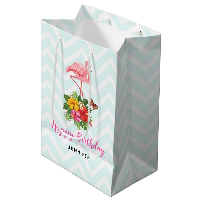 Pink Flamingo & Tropical Hibiscus Fancy Birthday Medium Gift Bag (Front Angled)