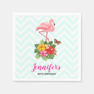 Pink Flamingo & Tropical Hibiscus Fancy Birthday Napkin
