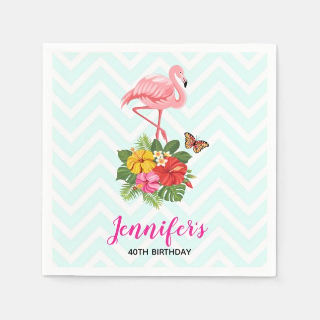 Pink Flamingo & Tropical Hibiscus Fancy Birthday Napkin (Front)