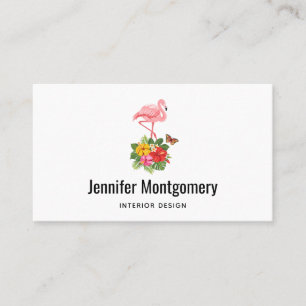 Pink Flamingo & Tropical Hibiscus Fancy Business Card