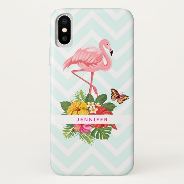 Pink Flamingo & Tropical Hibiscus Fancy Case-Mate iPhone Case (Back)