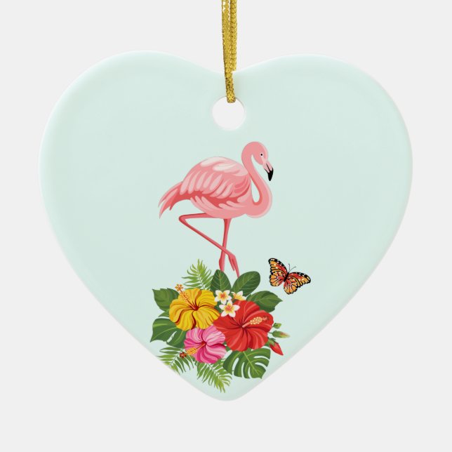 Pink Flamingo & Tropical Hibiscus Fancy Ceramic Ornament (Front)