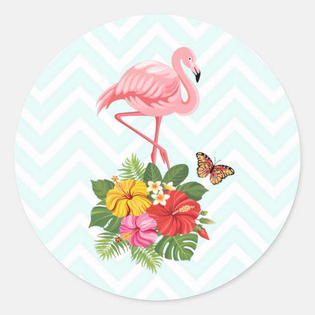 Pink Flamingo & Tropical Hibiscus Fancy Classic Round Sticker (Front)