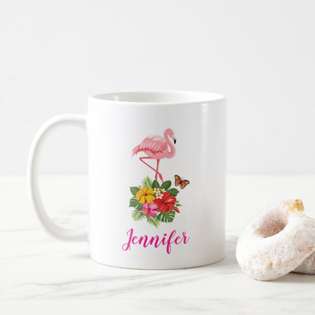 Pink Flamingo & Tropical Hibiscus Fancy Coffee Mug (With Donut)