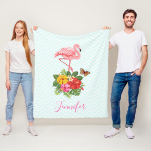 Pink Flamingo & Tropical Hibiscus Fancy Fleece Blanket