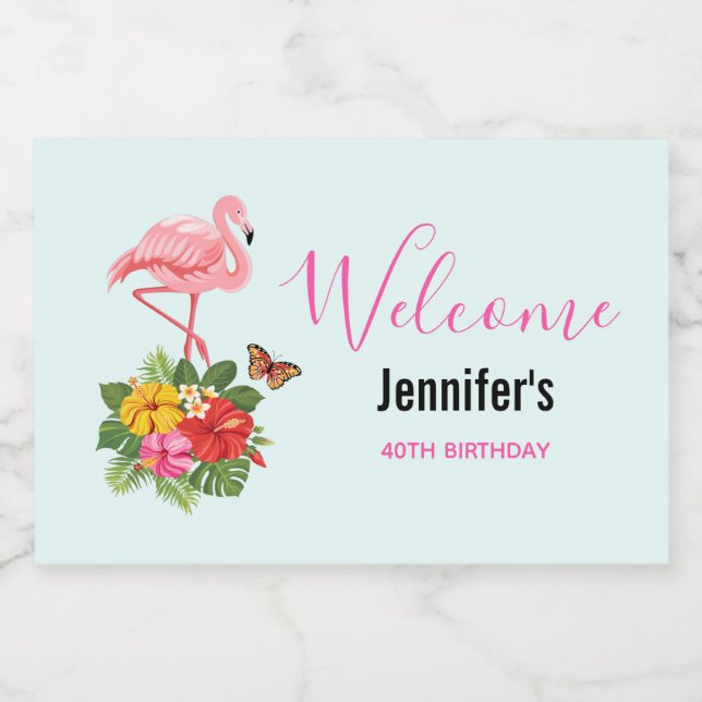 Pink Flamingo & Tropical Hibiscus Fancy Food Label (Single Label)