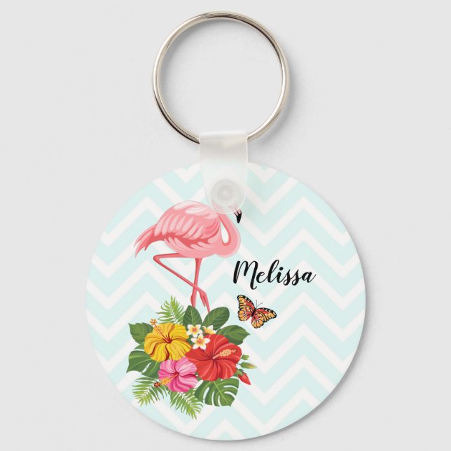 Pink Flamingo & Tropical Hibiscus Fancy Keychain (Front)
