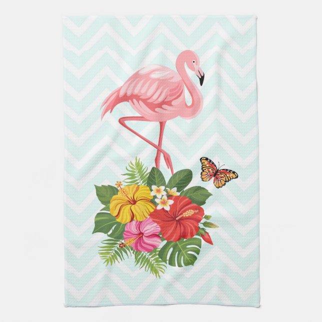 Pink Flamingo & Tropical Hibiscus Fancy Kitchen Towel (Vertical)