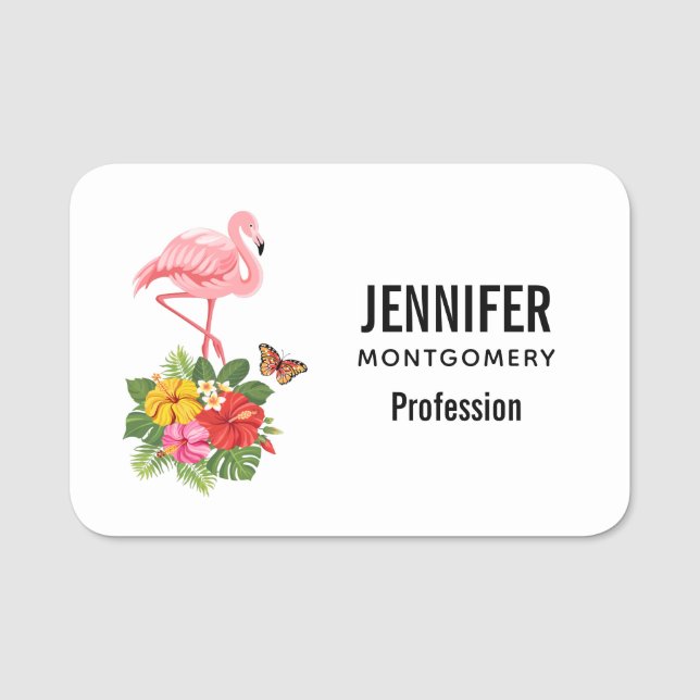 Pink Flamingo & Tropical Hibiscus Fancy Name Tag (Front)