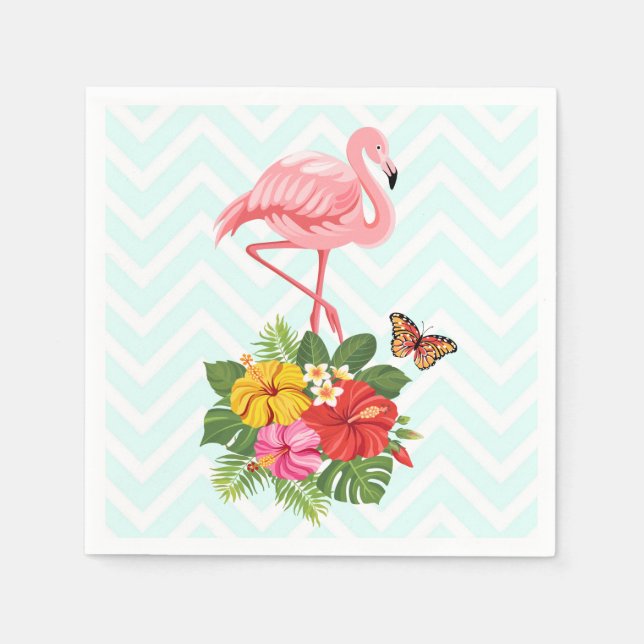 Pink Flamingo & Tropical Hibiscus Fancy Napkin (Front)