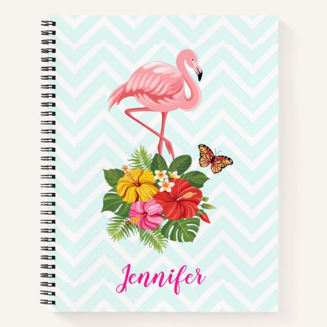Pink Flamingo & Tropical Hibiscus Fancy Notebook (Front)