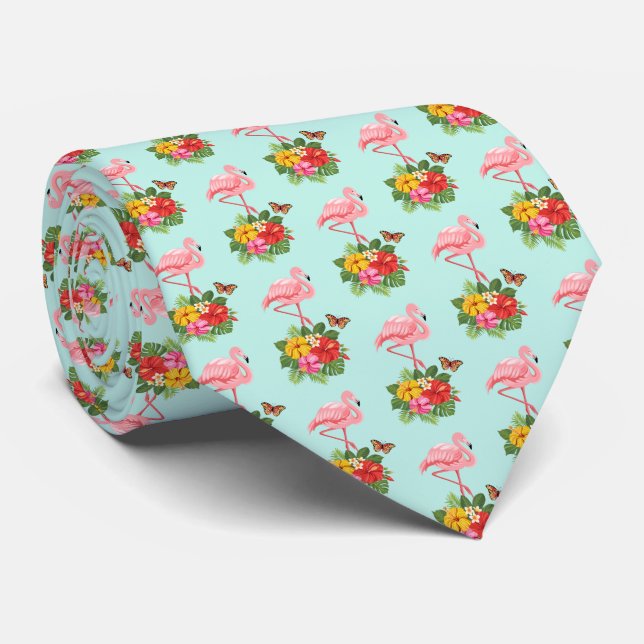 Pink Flamingo & Tropical Hibiscus Fancy Pattern Tie (Rolled)