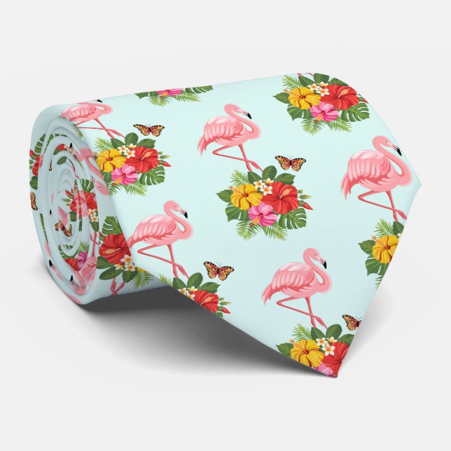 Pink Flamingo & Tropical Hibiscus Fancy Pattern Tie (Rolled)